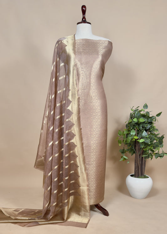 Beige Brocade Kurta With Organza Dupatta