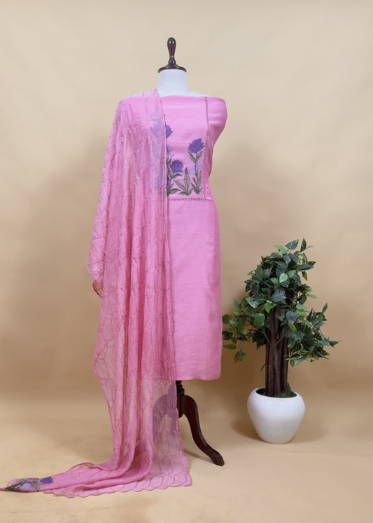 Flamingo Pink Pure Mulmul Suit with Appliqué Work and Embroidery