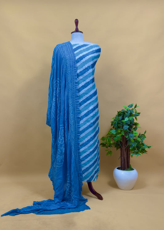 Blue Handcrafted Leheriya Pure Tussar Silk Kurta And Pure Georgette Bandhani Dupatta