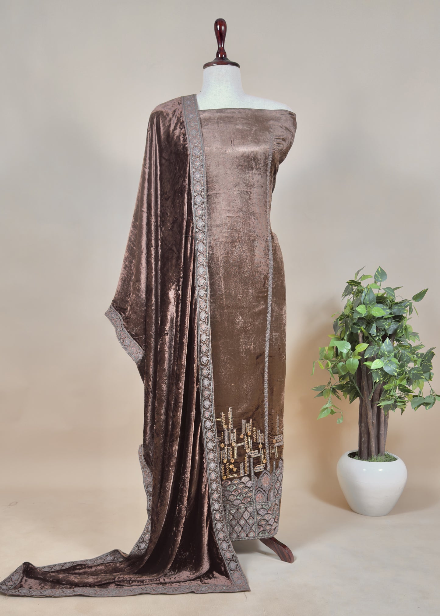 Brown Embroidered Velvet Suit Set