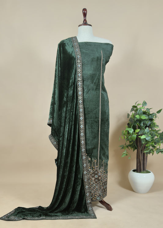 Green  Embroidered Velvet Suit Set