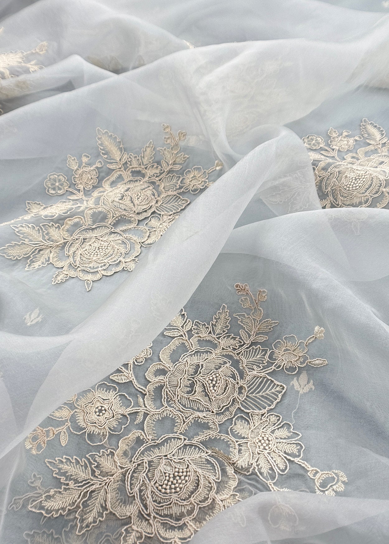 Powder Blue Handloom Kora Silk Unstitched Suit Fabric With French Thread Embroidery