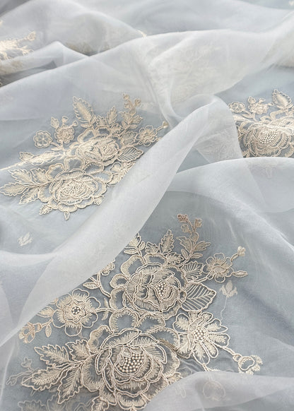 Powder Blue Handloom Kora Silk Unstitched Suit Fabric With French Thread Embroidery