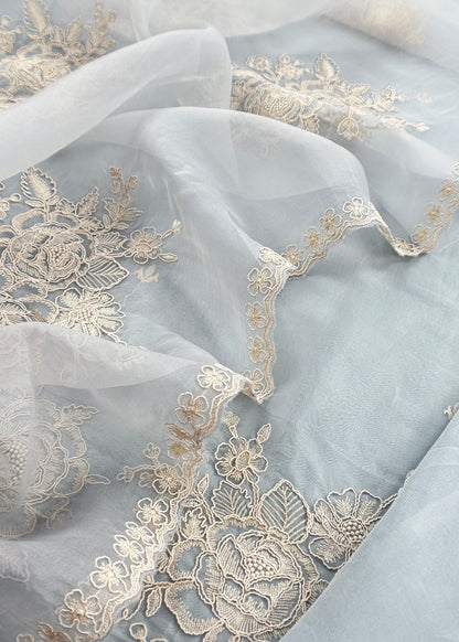 Powder Blue Handloom Kora Silk Unstitched Suit Fabric With French Thread Embroidery