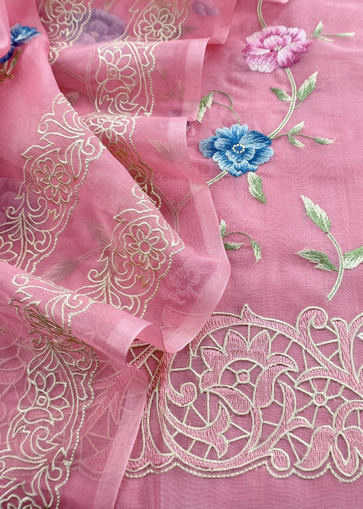 Pure kora silk suit with parsi thread embroidery

