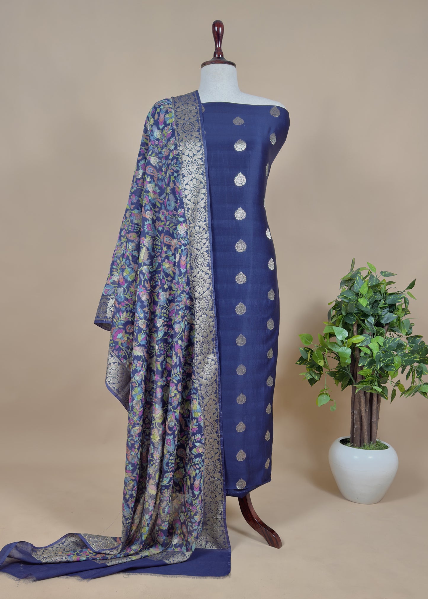 Blue Banarasi Suit With Kalamkari Dupatta