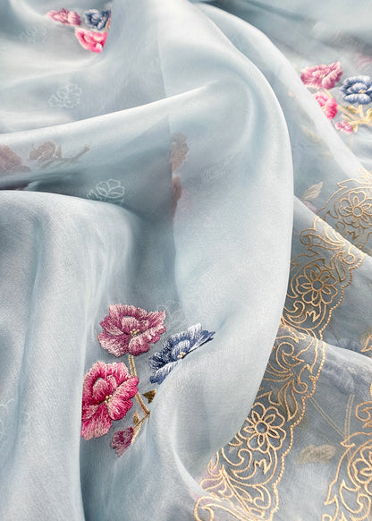 Pure kora silk suit with parsi thread embroidery

