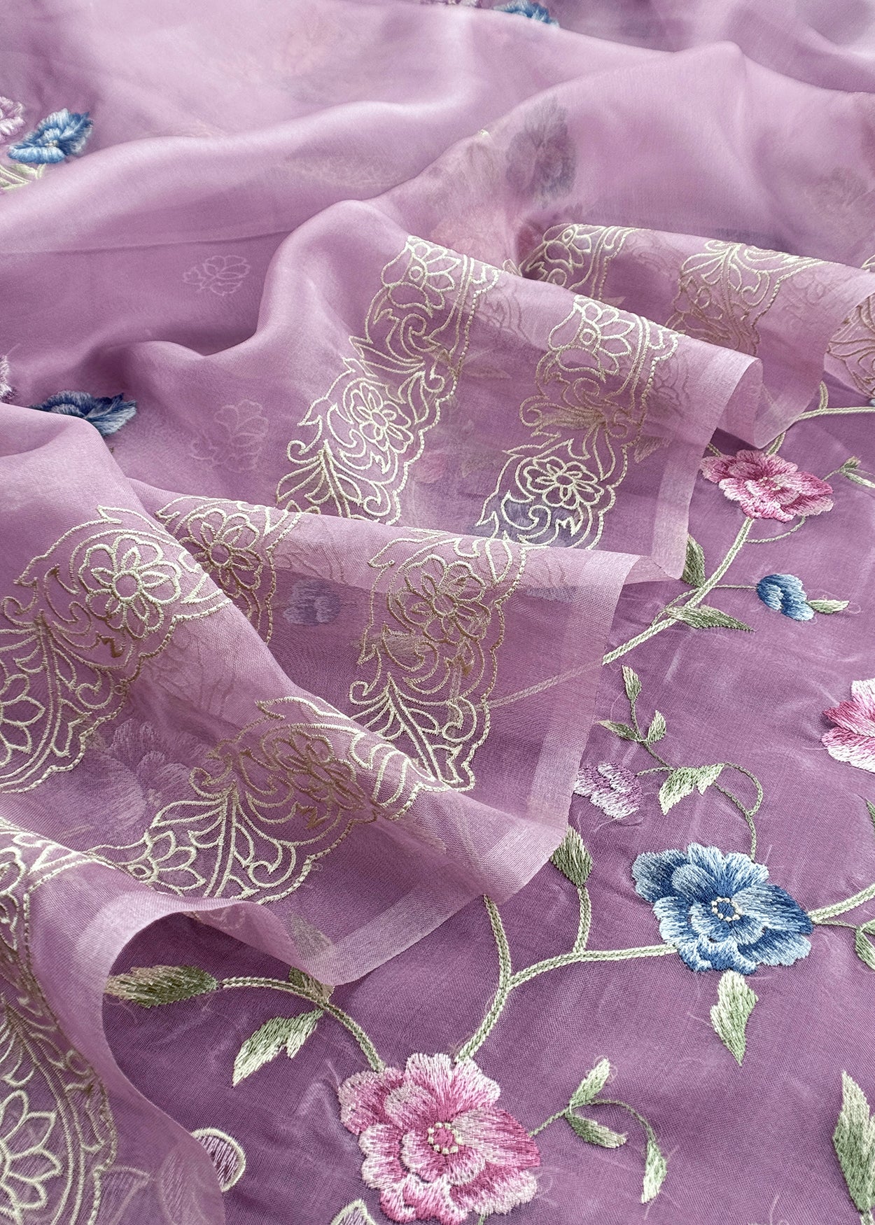 Pure kora silk suit with parsi thread embroidery


