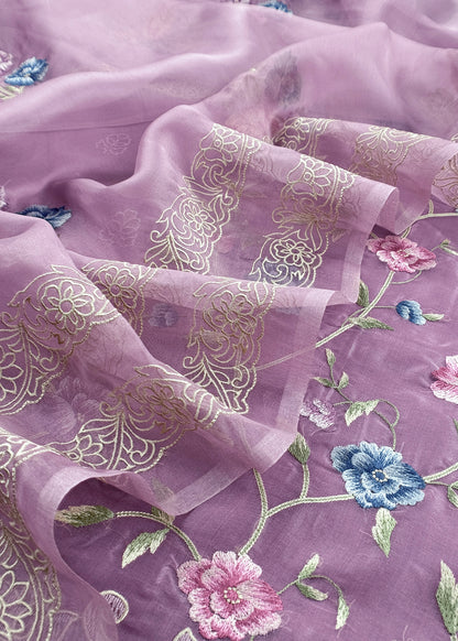 Pure kora silk suit with parsi thread embroidery

