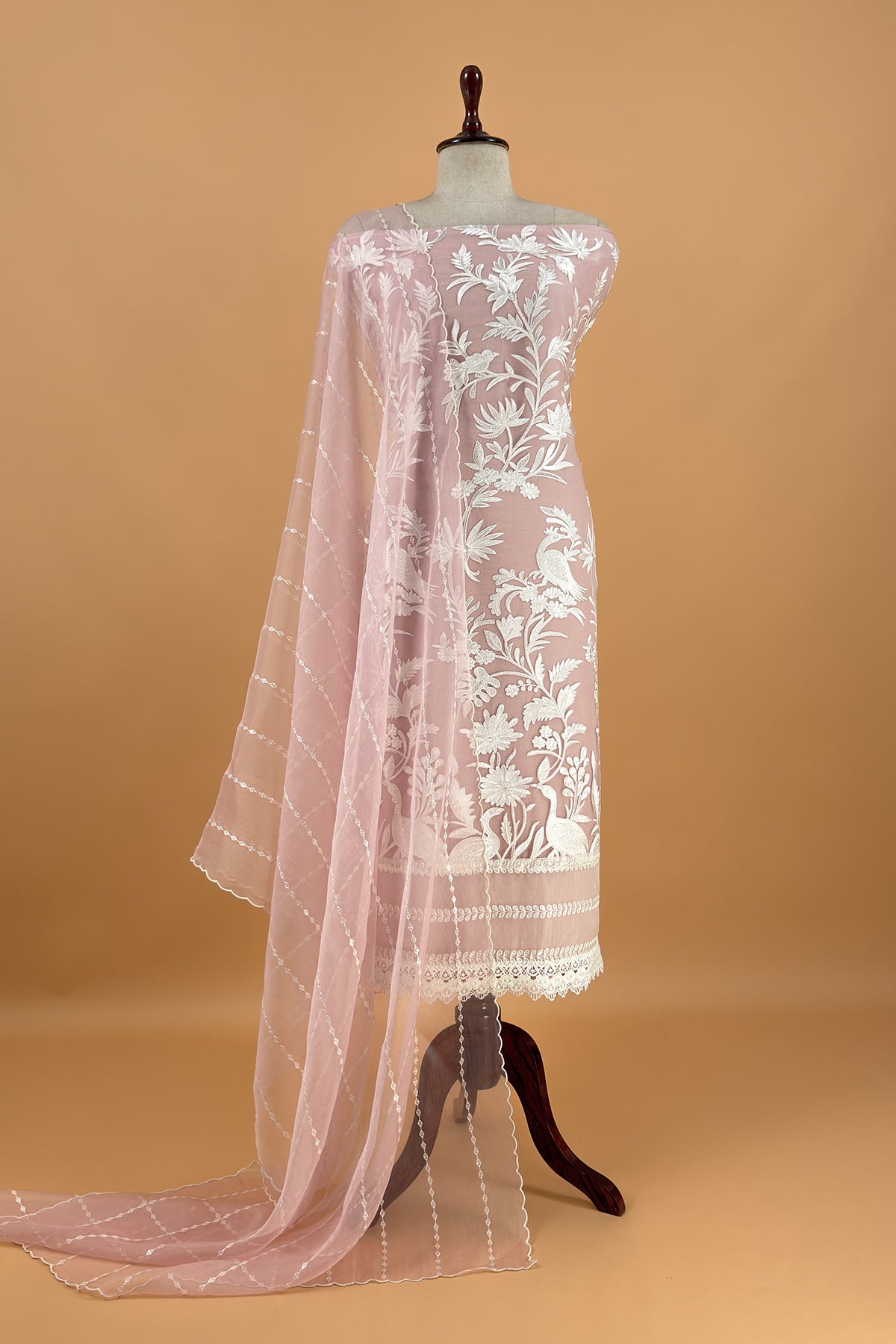 Garden of Love Soft Blush Pure Organza Unstitched Suit with Crochet Laces and Resham Embroidery