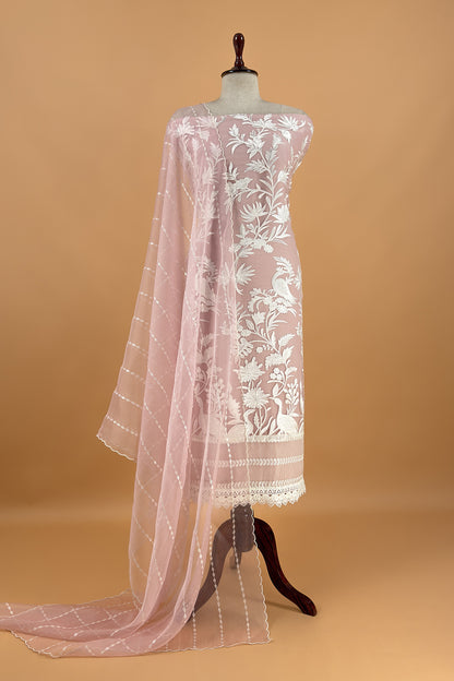 Garden of Love Soft Blush Pure Organza Unstitched Suit with Crochet Laces and Resham Embroidery