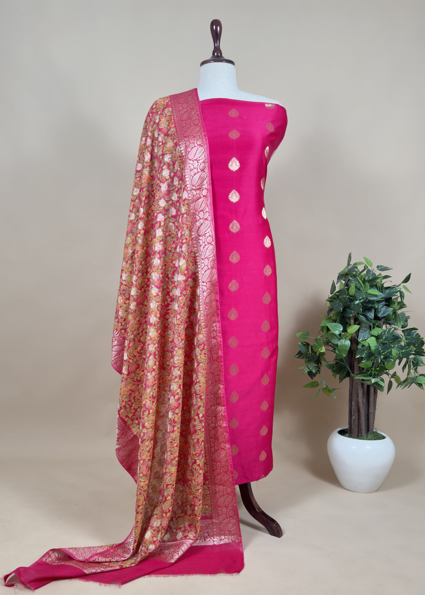 Pink Banarasi Suit With Kalamkari Dupatta