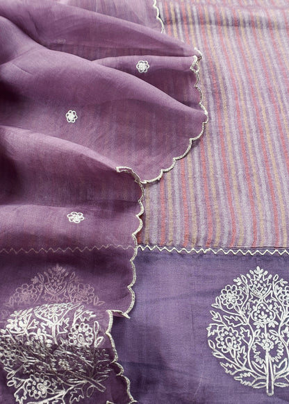 Lilac Handloom Tussar Silk Suit With Pitta Handwork
