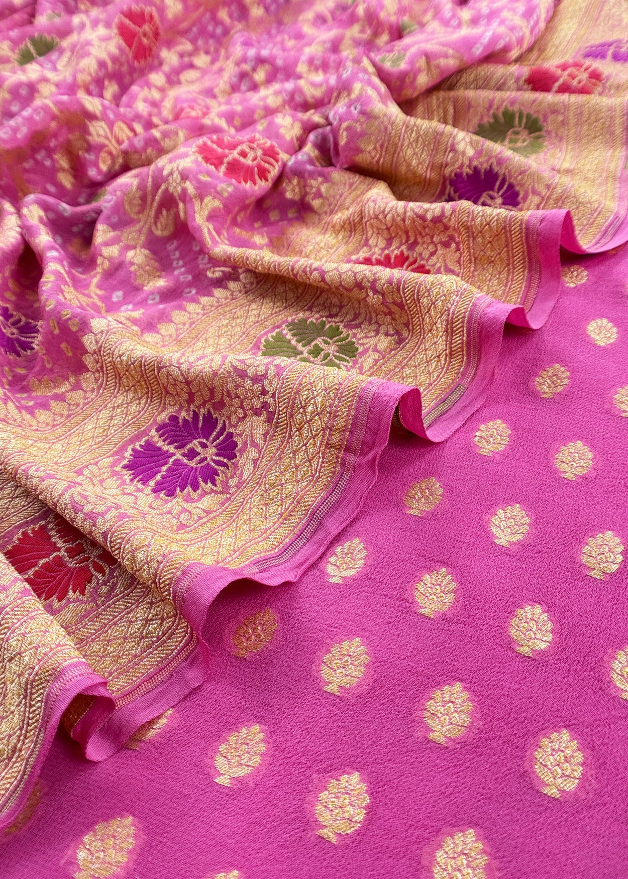 Luxe Taffy Pink Khaddi Georgette Suit Fabric With Mughal Meenakari Weaving