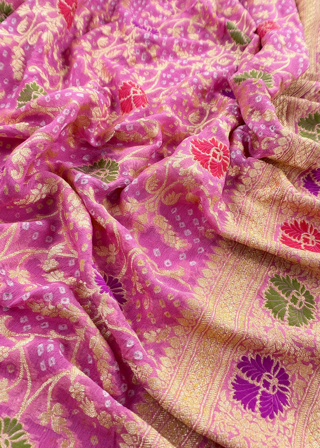 Luxe Taffy Pink Khaddi Georgette Suit Fabric With Mughal Meenakari Weaving