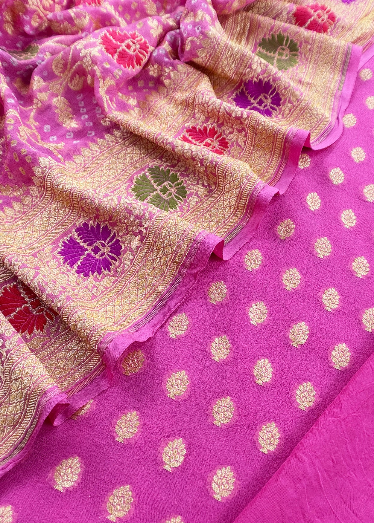 Luxe Taffy Pink Khaddi Georgette Suit Fabric With Mughal Meenakari Weaving