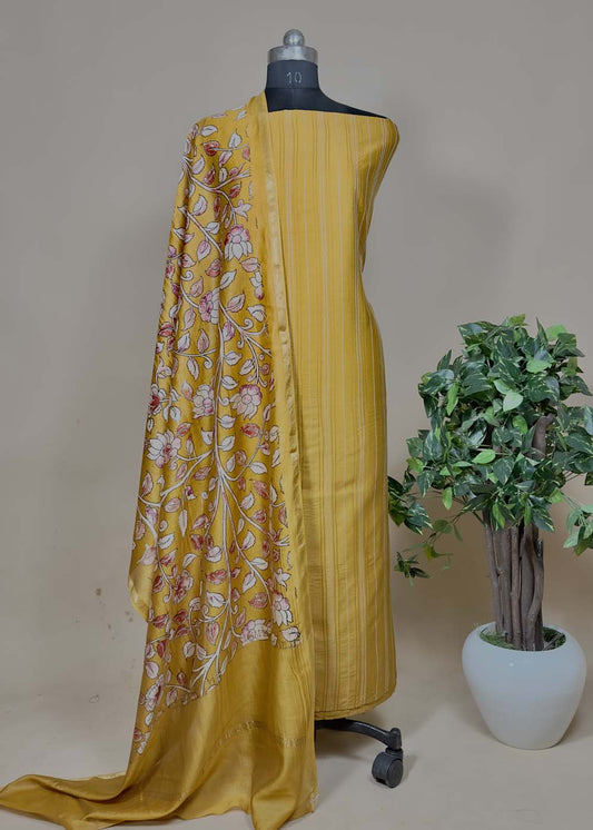 Yellow Maheshwari Silk Suit With Kalamkari Dupatta