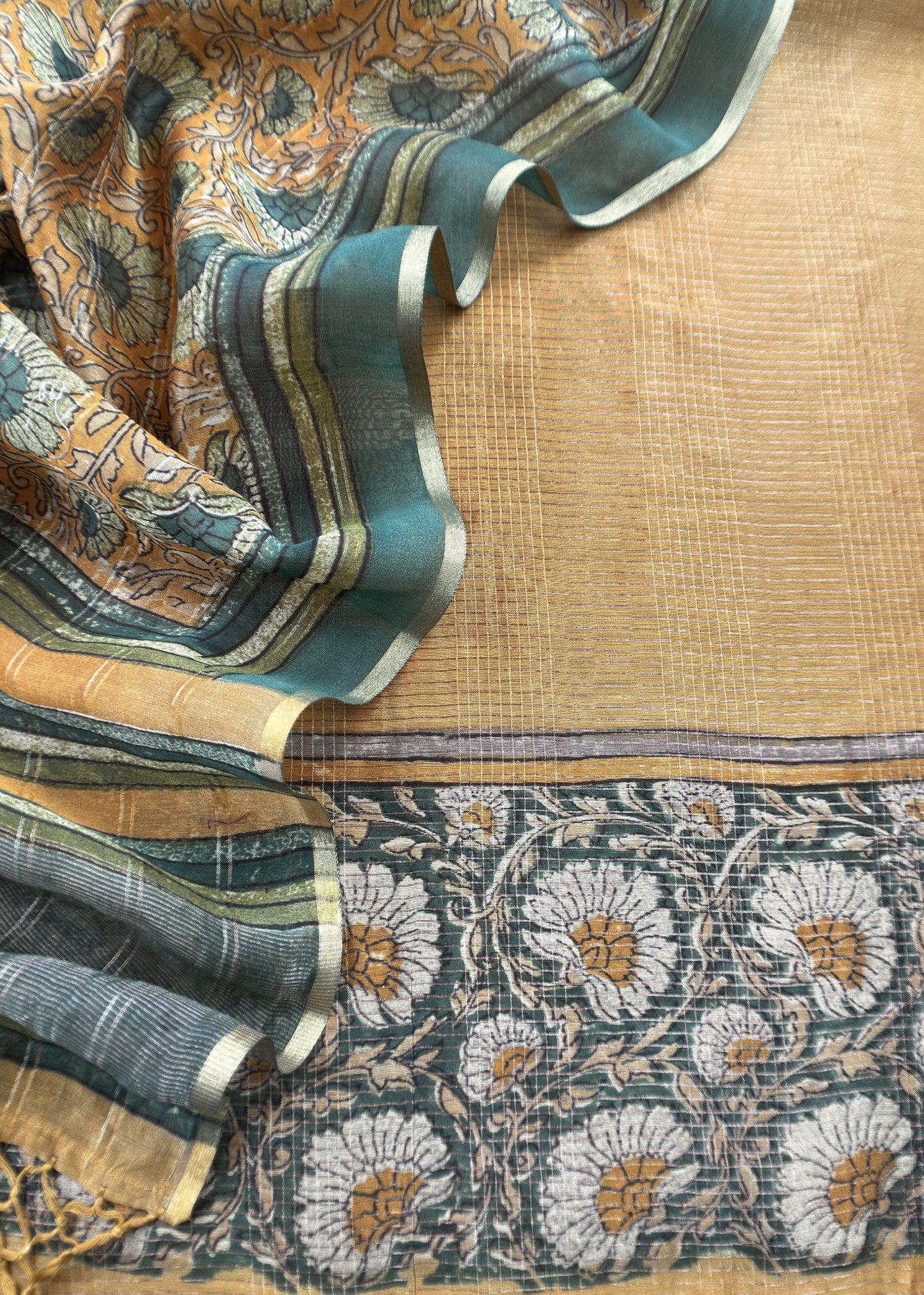 Mustard Orchre  80gm Chanderi Silk Suit Fabric With Kalamkari Hand Block Printing