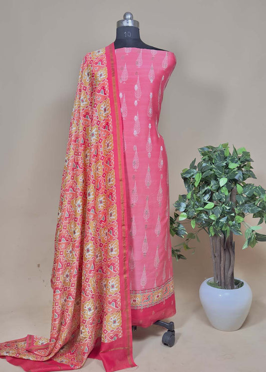 Gajari Pink Maheshwari Silk Suit Set Patola Print Dupatta