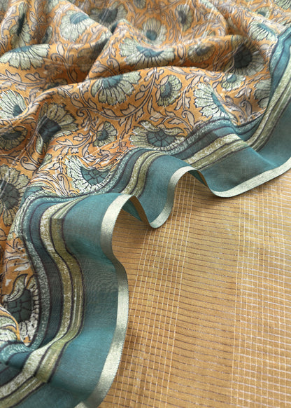 Mustard Orchre  80gm Chanderi Silk Suit Fabric With Kalamkari Hand Block Printing