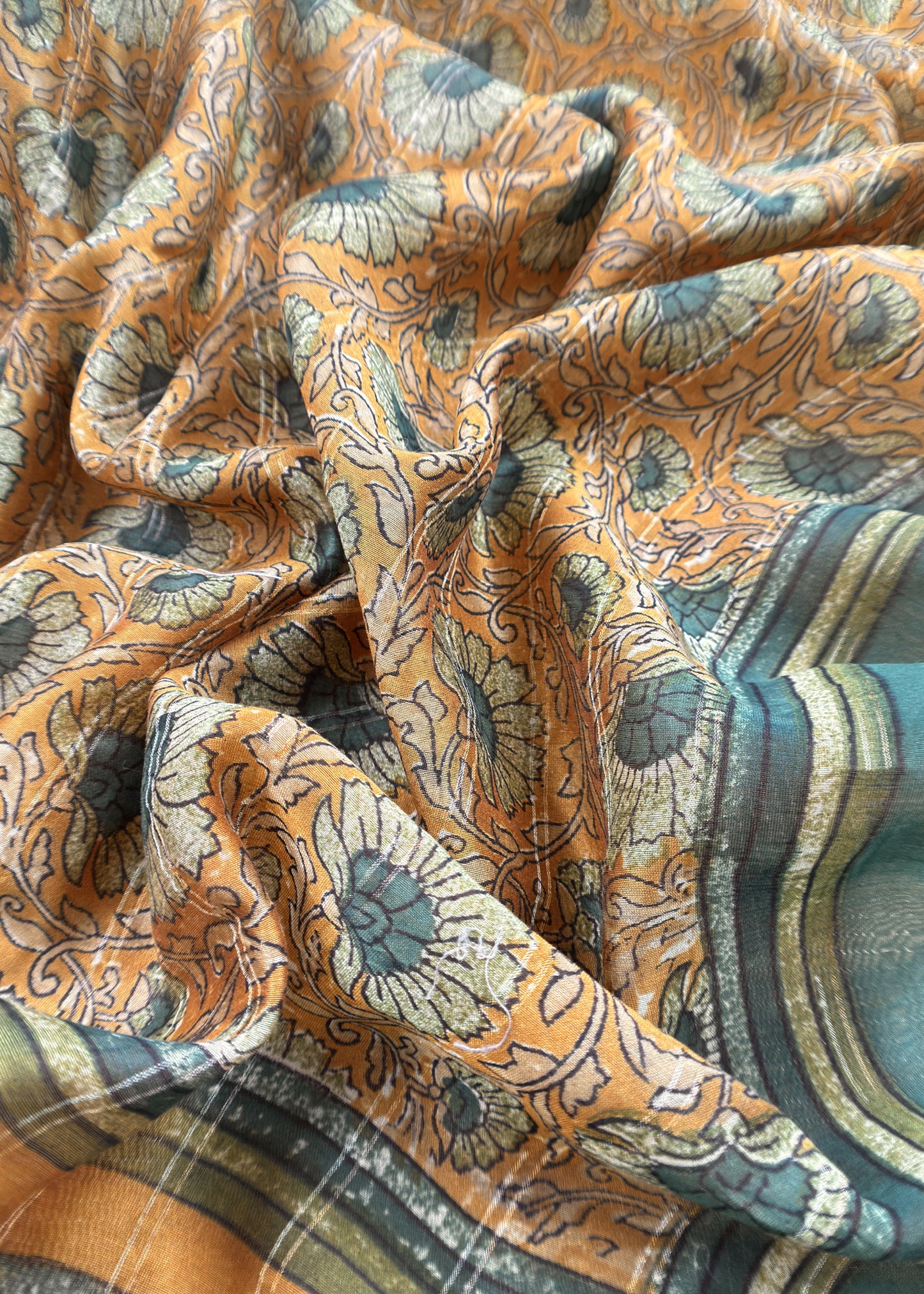 Mustard Orchre  80gm Chanderi Silk Suit Fabric With Kalamkari Hand Block Printing