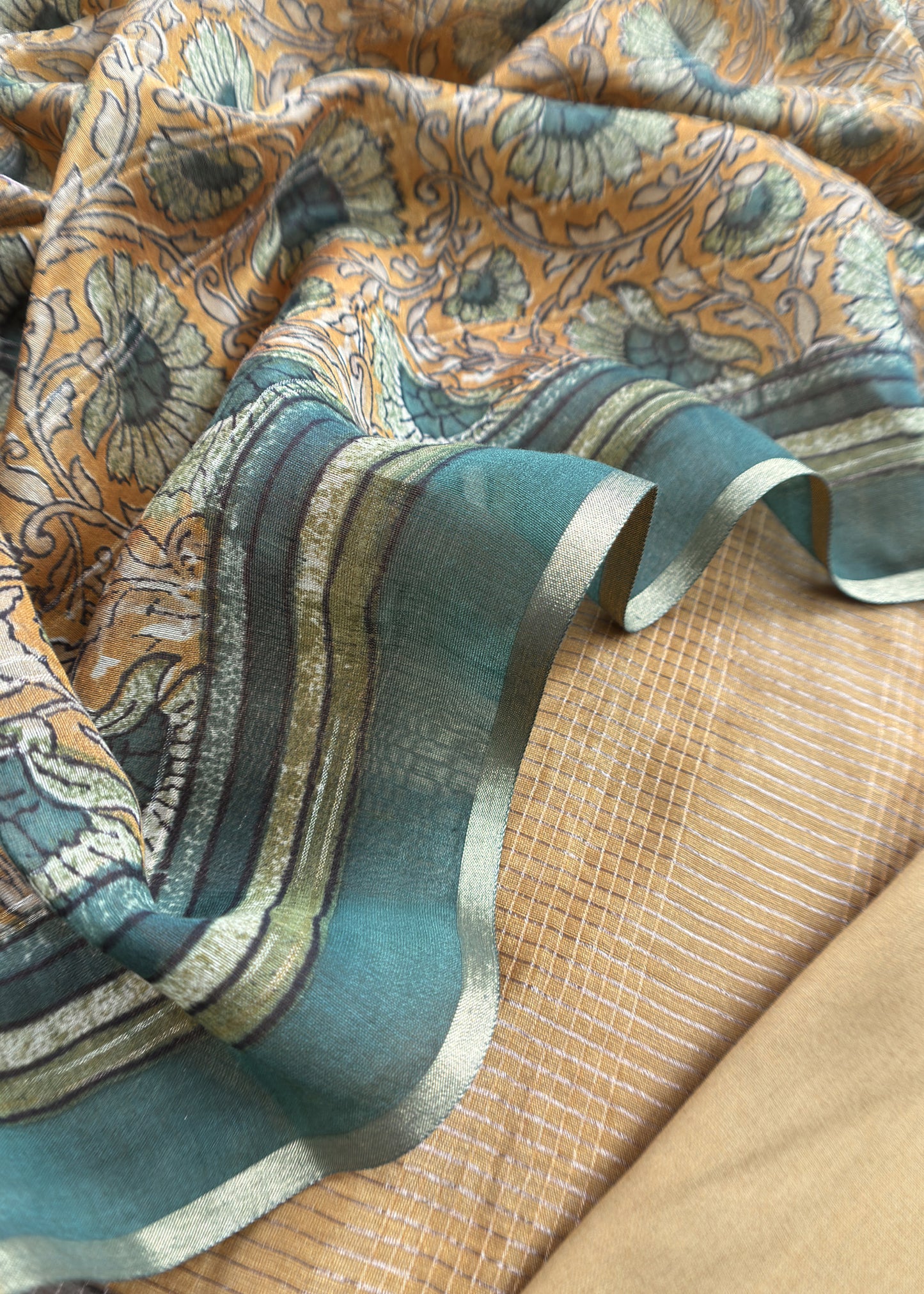 Mustard Orchre  80gm Chanderi Silk Suit Fabric With Kalamkari Hand Block Printing