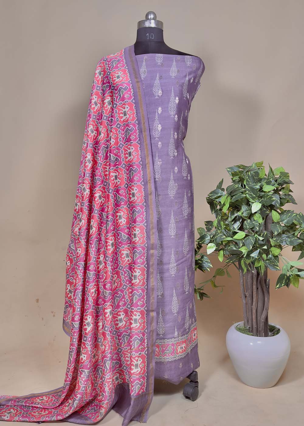 Purple Handblock Unstitched Maheshwari Silk Suit With Pink Patola Dupatta