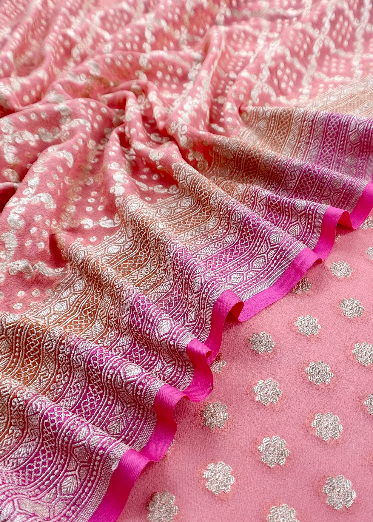 Pink Luxe Handloom Khaddi Georgette Bandhani Suit Fabric