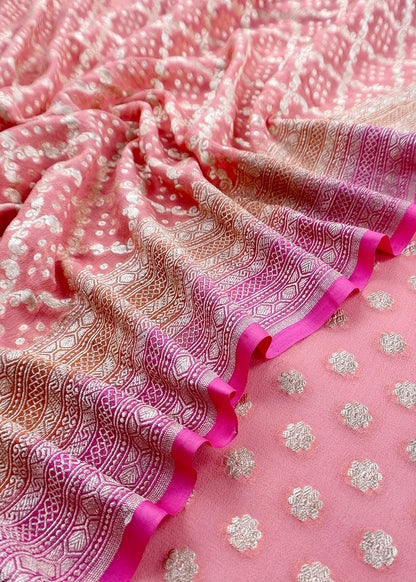 Pink Luxe Handloom Khaddi Georgette Bandhani Suit Fabric