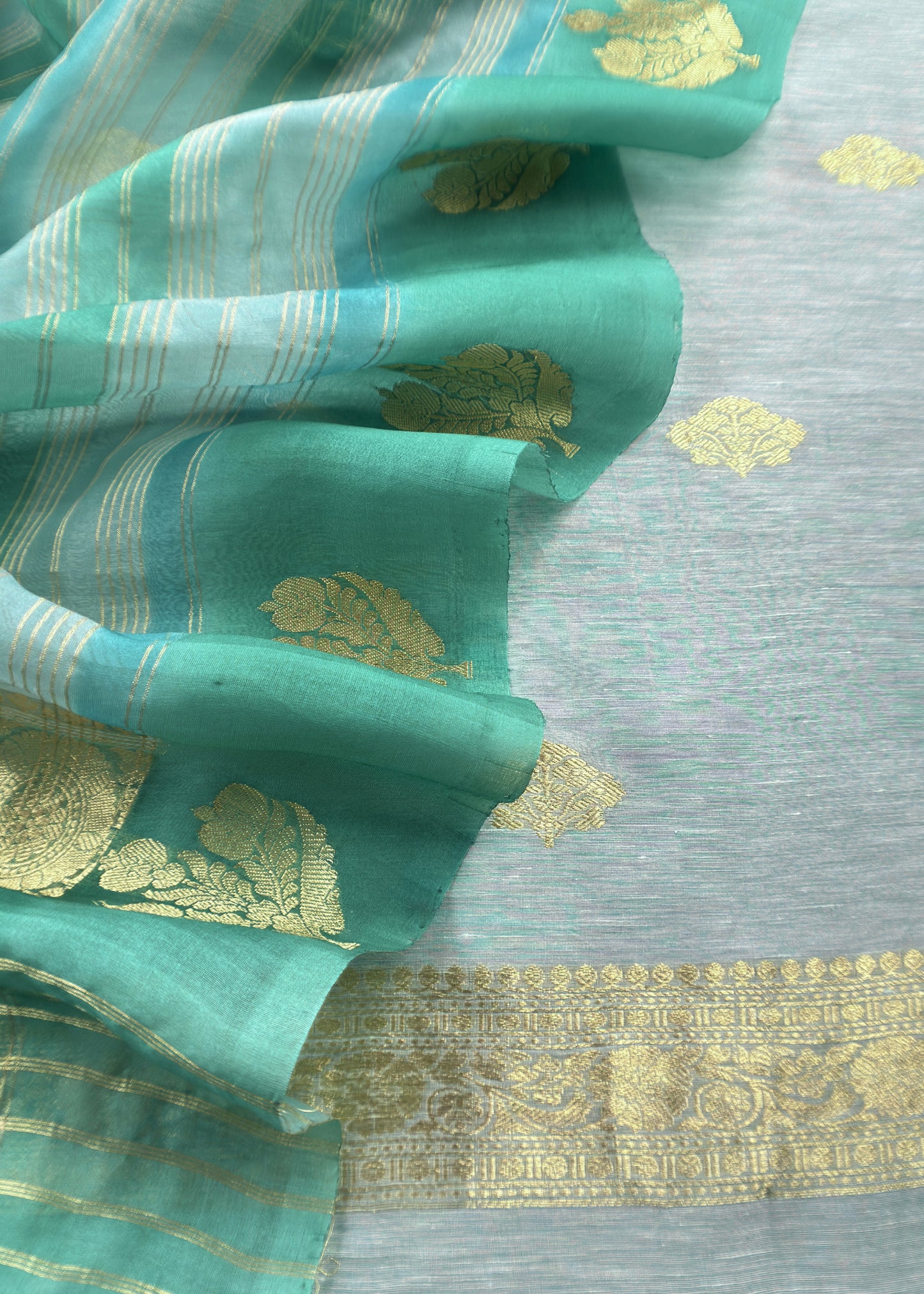 Baby Blue and Turquoise Handloom Linen Silk Kurta And Kora Silk Dupatta With Gold Kadwa Weaving