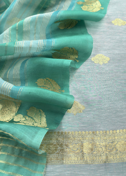 Baby Blue and Turquoise Handloom Linen Silk Kurta And Kora Silk Dupatta With Gold Kadwa Weaving
