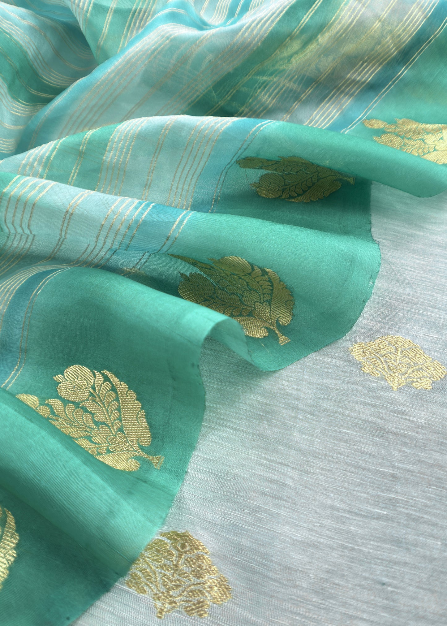 Baby Blue and Turquoise Handloom Linen Silk Kurta And Kora Silk Dupatta With Gold Kadwa Weaving