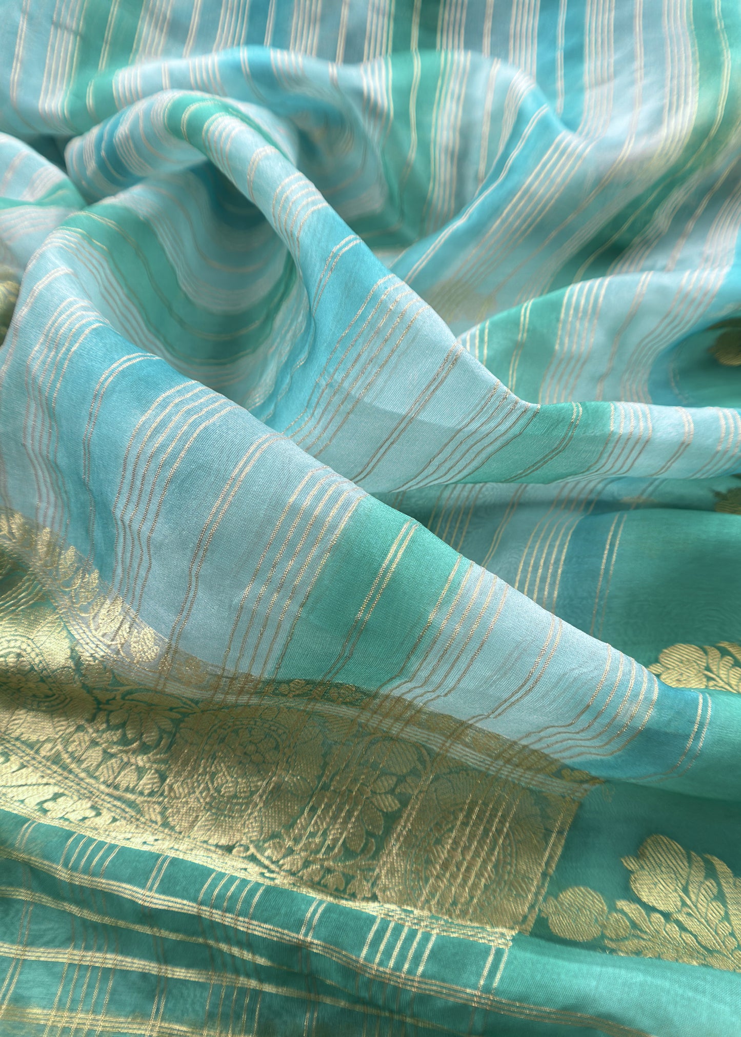 Baby Blue and Turquoise Handloom Linen Silk Kurta And Kora Silk Dupatta With Gold Kadwa Weaving