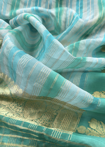 Baby Blue and Turquoise Handloom Linen Silk Kurta And Kora Silk Dupatta With Gold Kadwa Weaving