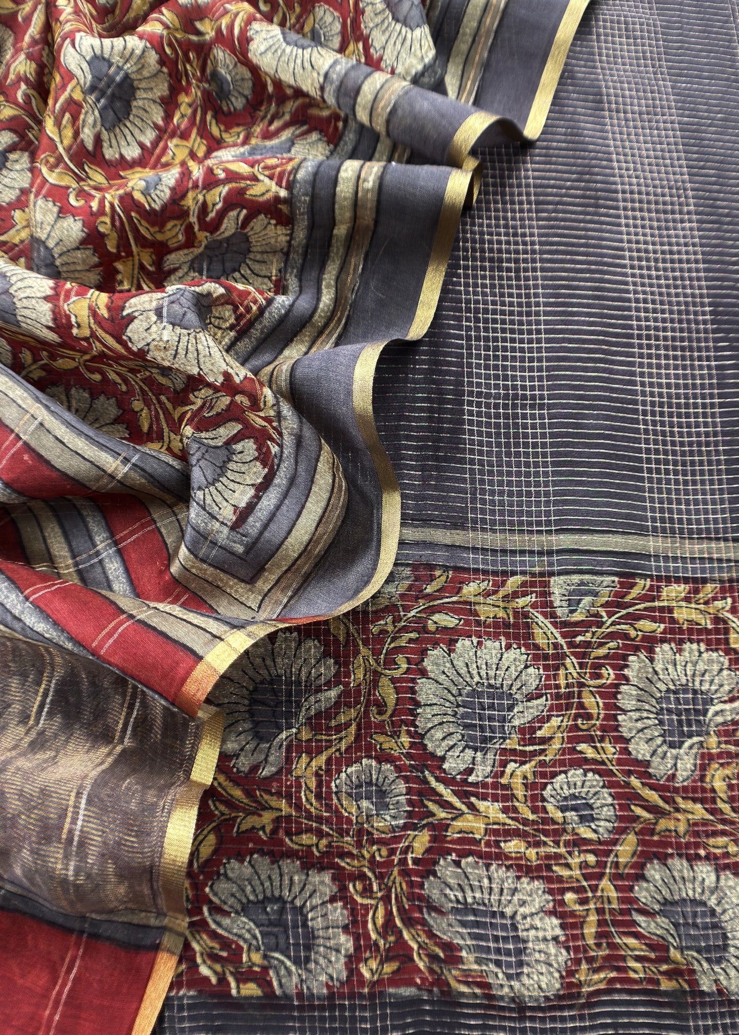 Graphite Black 80gm Chanderi Silk Suit Fabric With Kalamkari Hand Block Printing