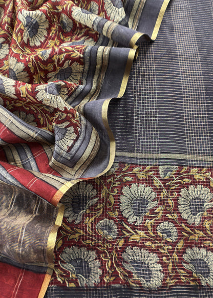 Graphite Black 80gm Chanderi Silk Suit Fabric With Kalamkari Hand Block Printing