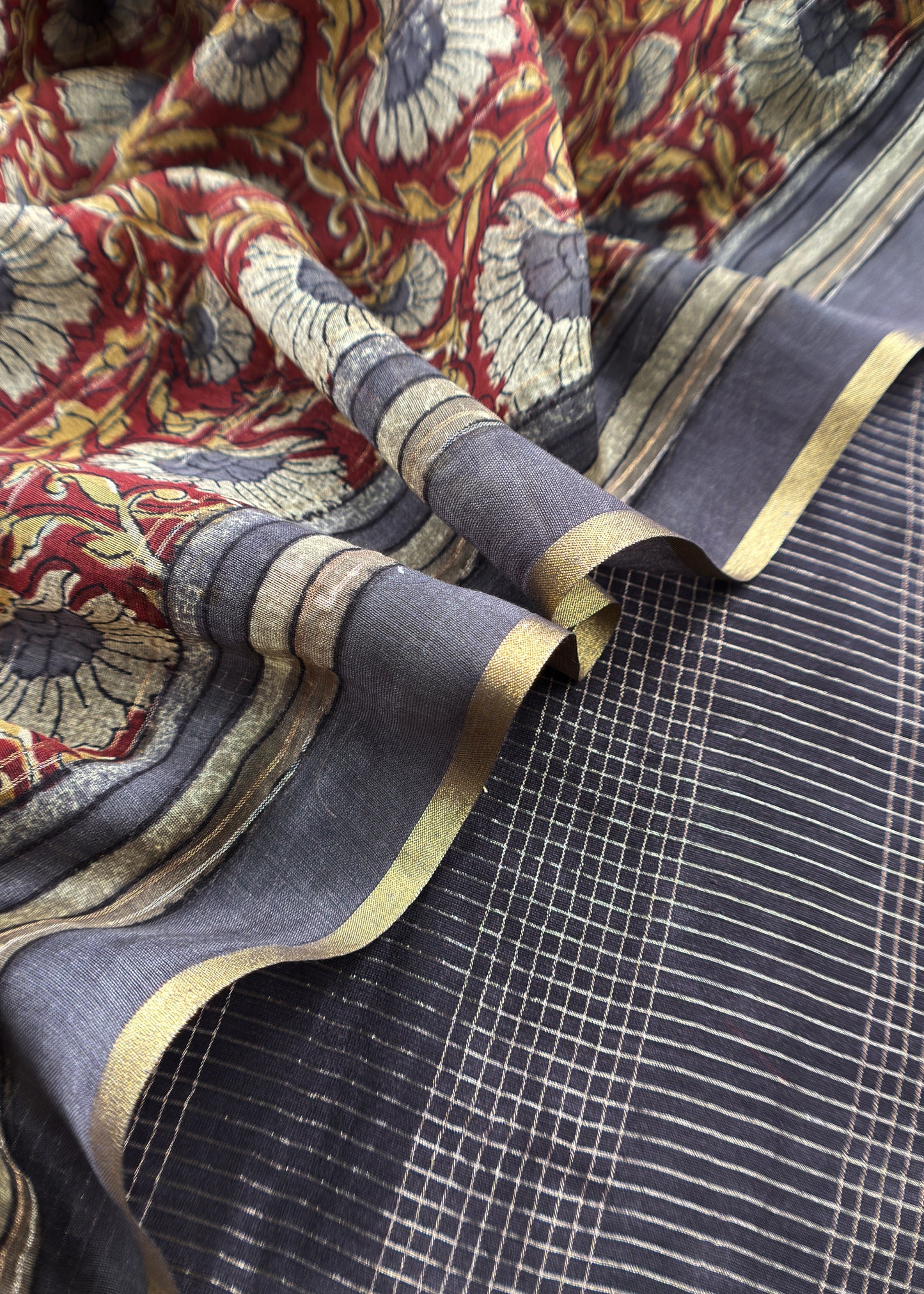 Graphite Black 80gm Chanderi Silk Suit Fabric With Kalamkari Hand Block Printing