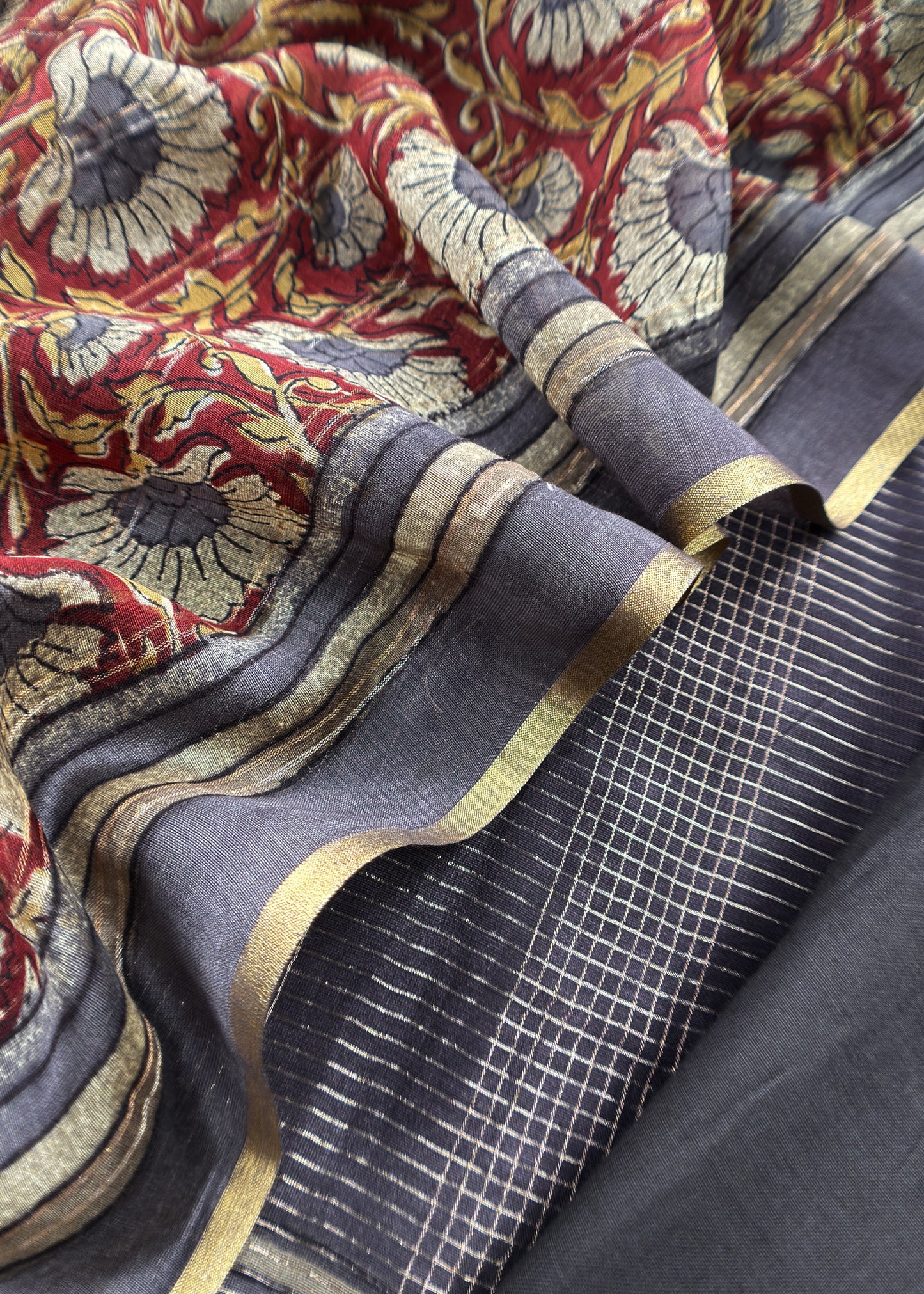 Graphite Black 80gm Chanderi Silk Suit Fabric With Kalamkari Hand Block Printing