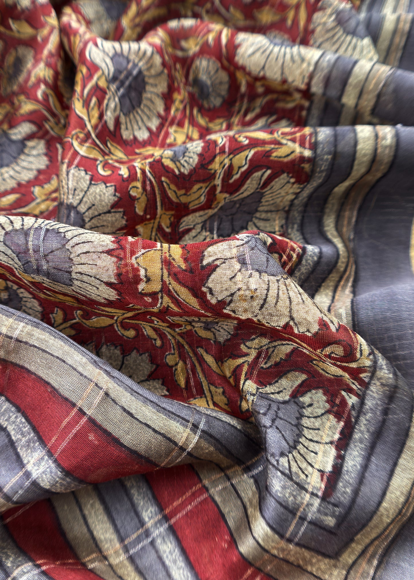 Graphite Black 80gm Chanderi Silk Suit Fabric With Kalamkari Hand Block Printing