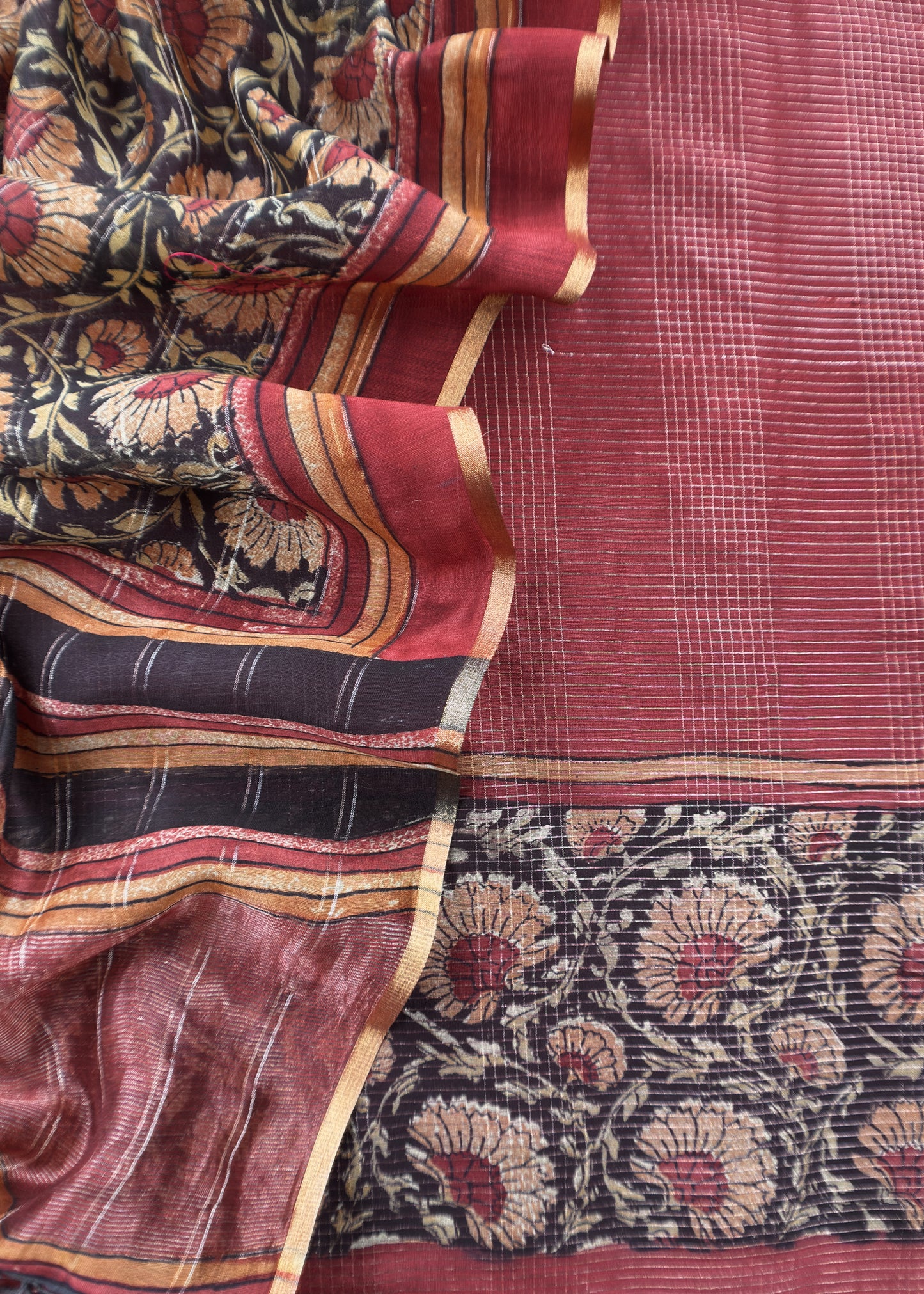 Maroon 80gm Chanderi Silk Suit Fabric With Kalamkari Hand Block Printing