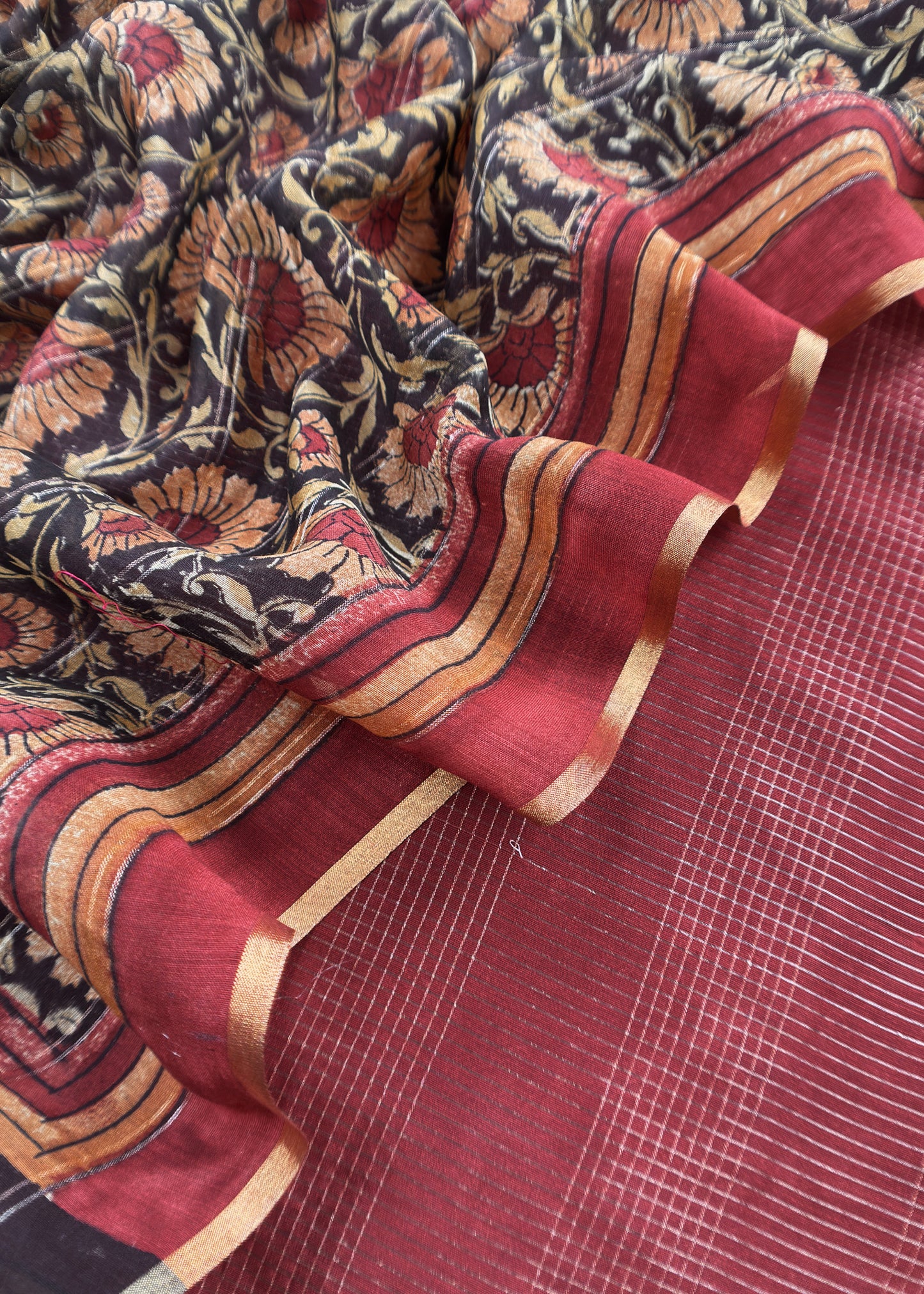 Maroon 80gm Chanderi Silk Suit Fabric With Kalamkari Hand Block Printing
