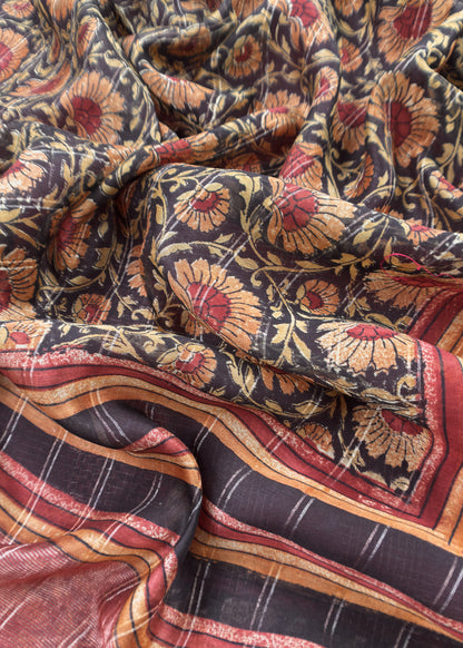Maroon 80gm Chanderi Silk Suit Fabric With Kalamkari Hand Block Printing