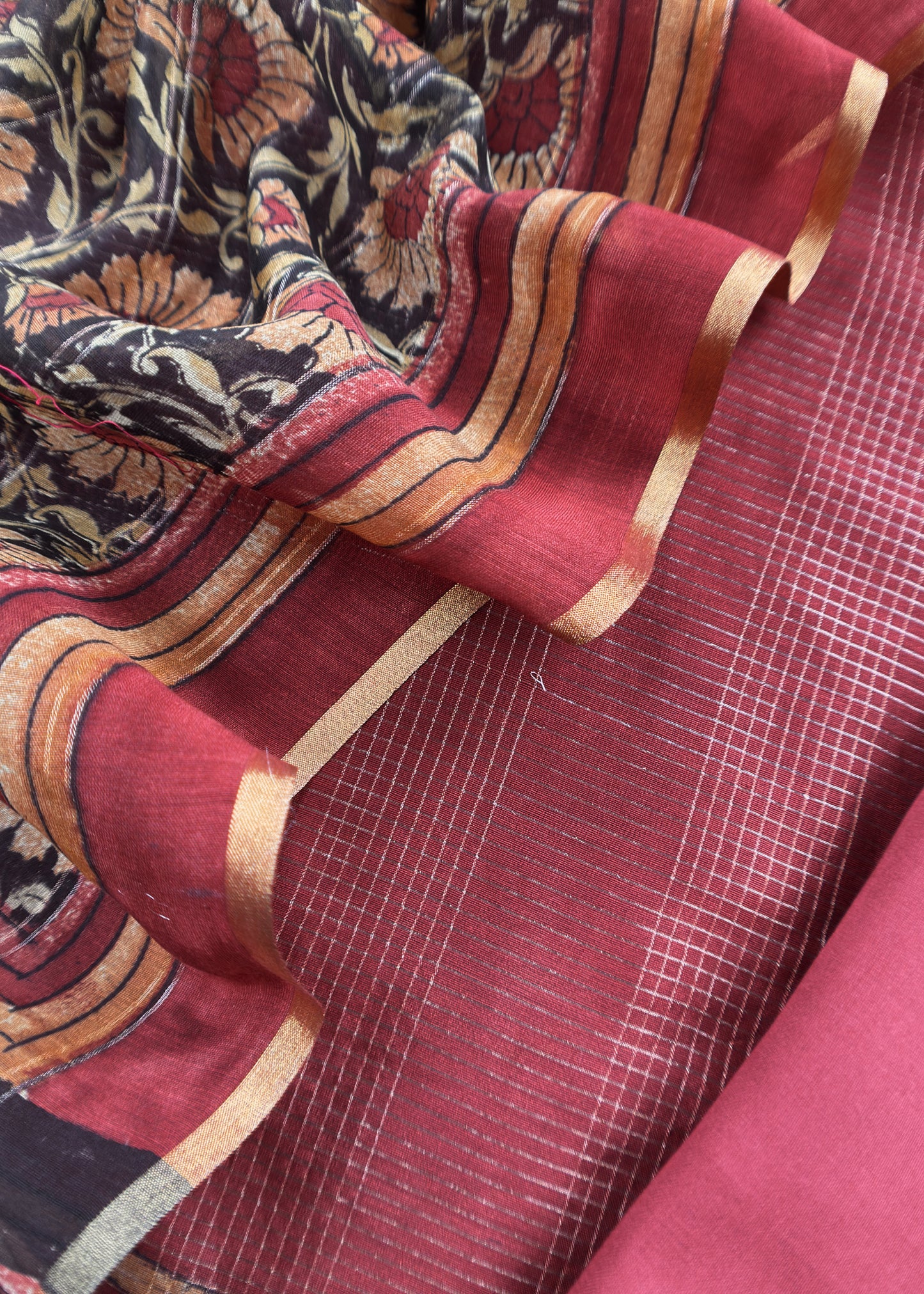 Maroon 80gm Chanderi Silk Suit Fabric With Kalamkari Hand Block Printing