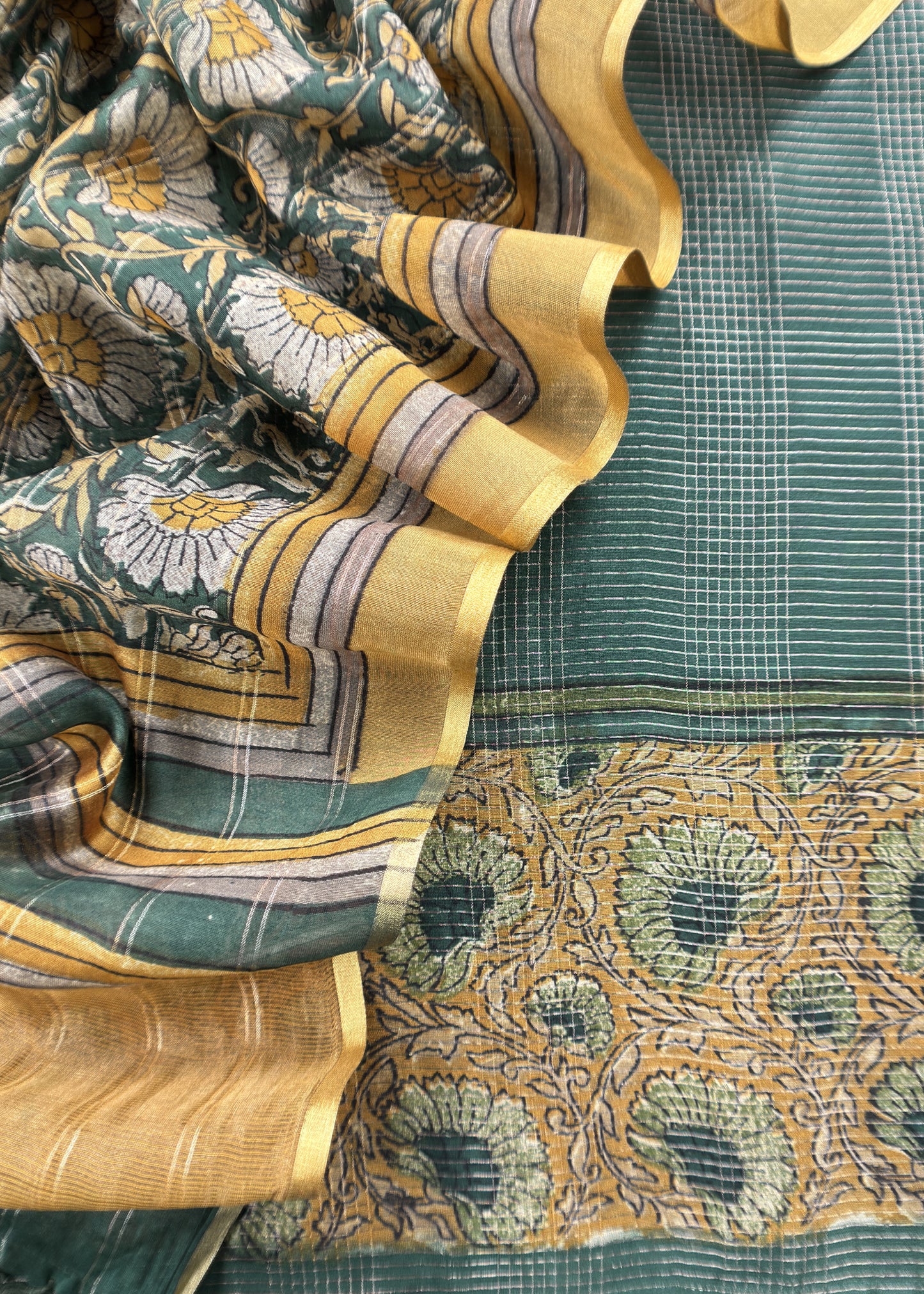 Bottle Green 80gm Chanderi Silk Suit Fabric With Kalamkari Hand Block Printing