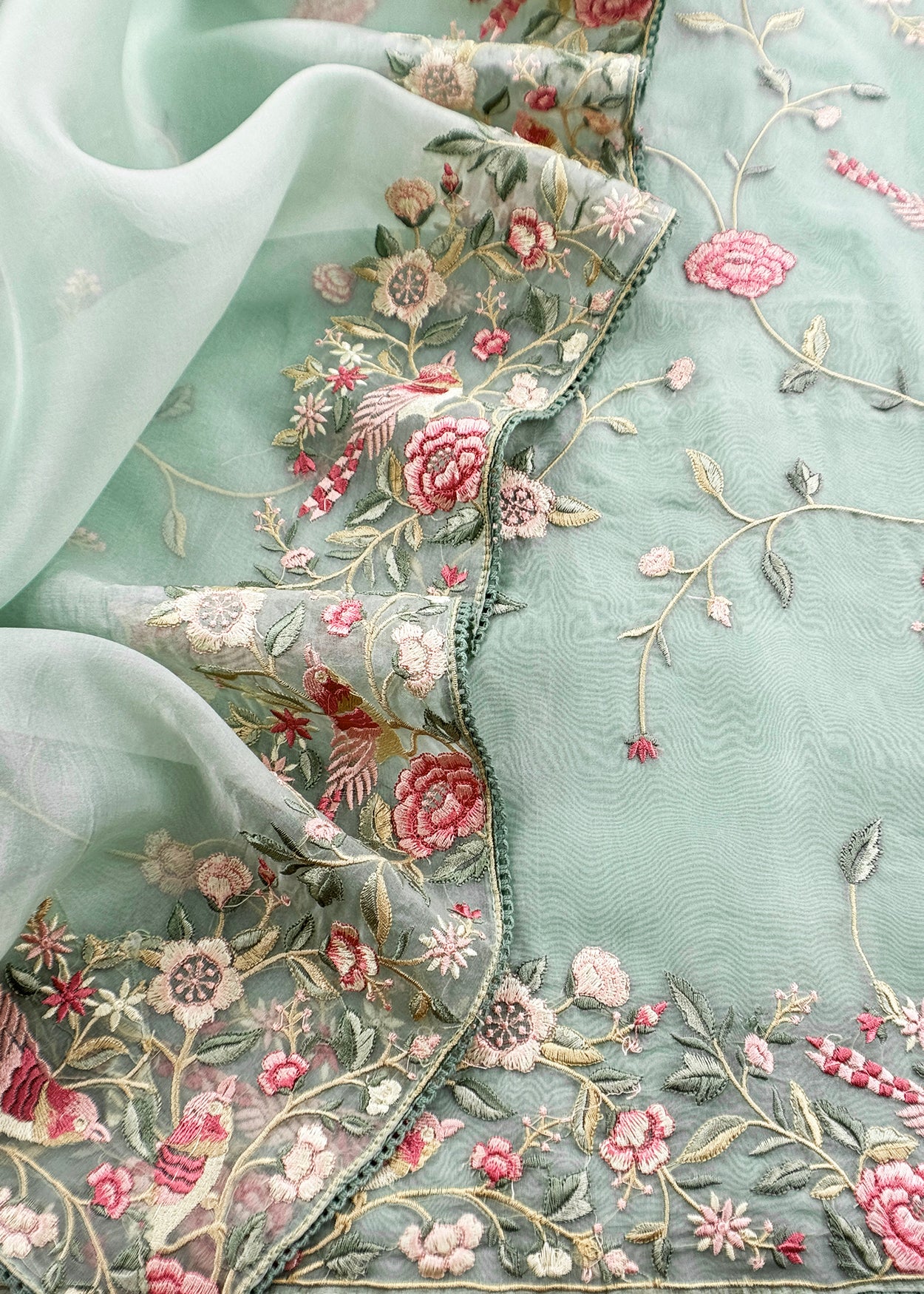 Pastel Green Parsi Thread Embroidery Pure Organza Unstitched Suit With Dupatta
