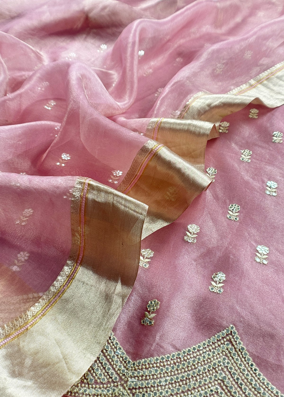 Pink Luxe Handloom Tissue Silk Unstitched Suit With Mirror Work