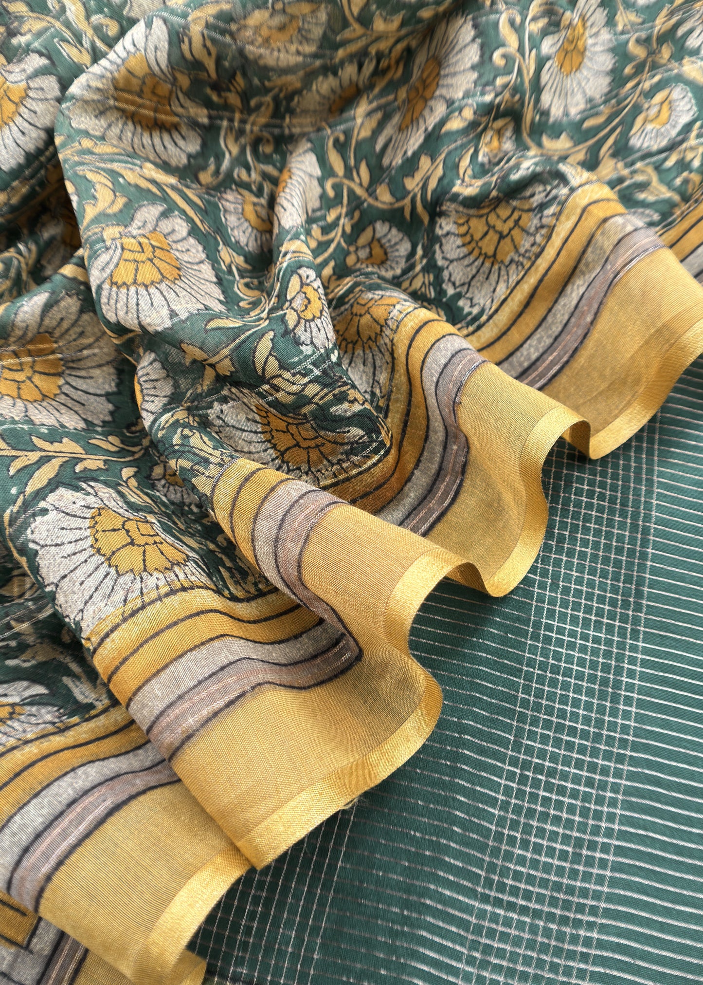 Bottle Green 80gm Chanderi Silk Suit Fabric With Kalamkari Hand Block Printing