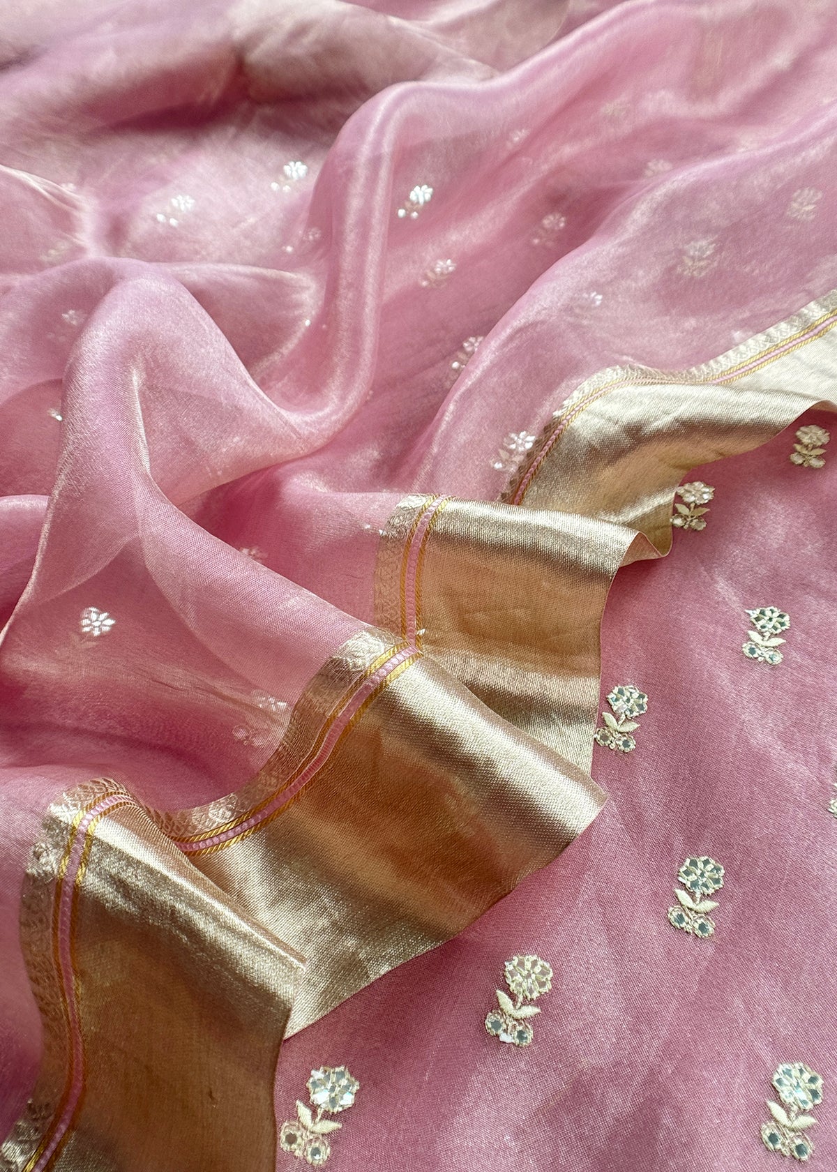 Pink Luxe Handloom Tissue Silk Unstitched Suit With Mirror Work