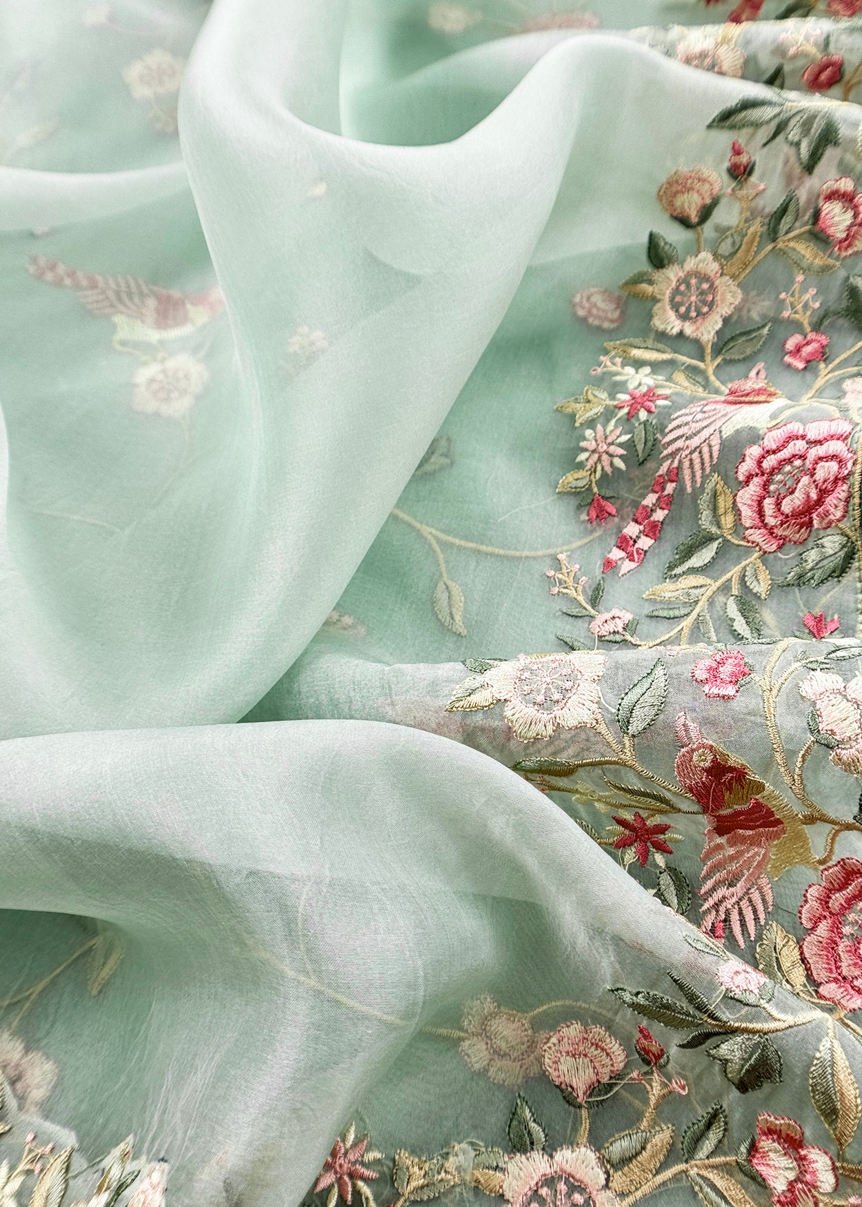 Pastel Green Parsi Thread Embroidery Pure Organza Unstitched Suit With Dupatta
