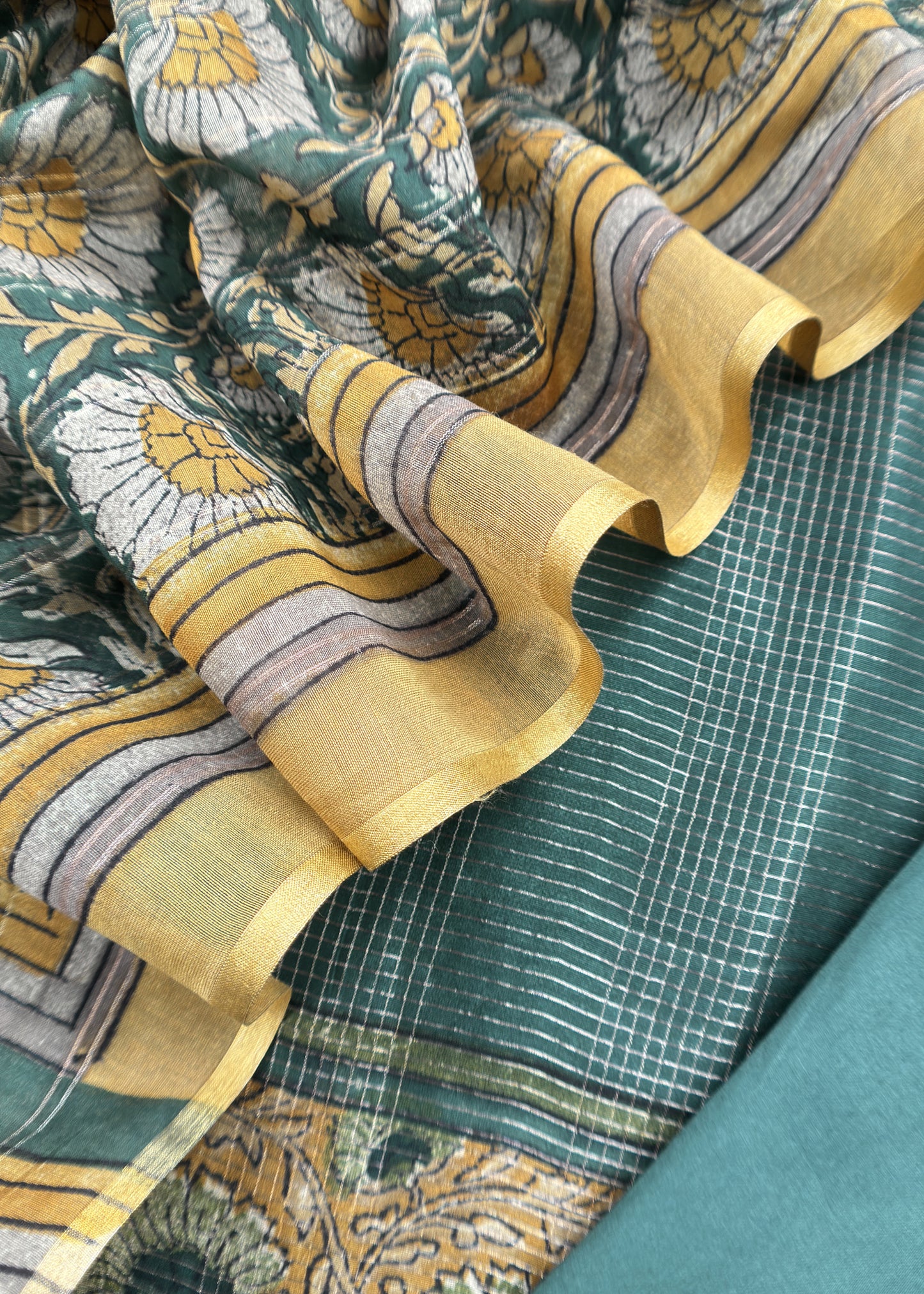 Bottle Green 80gm Chanderi Silk Suit Fabric With Kalamkari Hand Block Printing